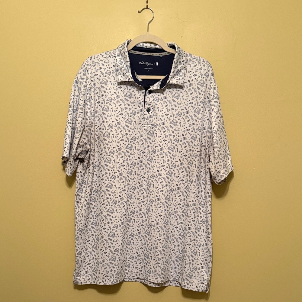 Walter Hagen Men's White and Blue Patterned Polo Shirt